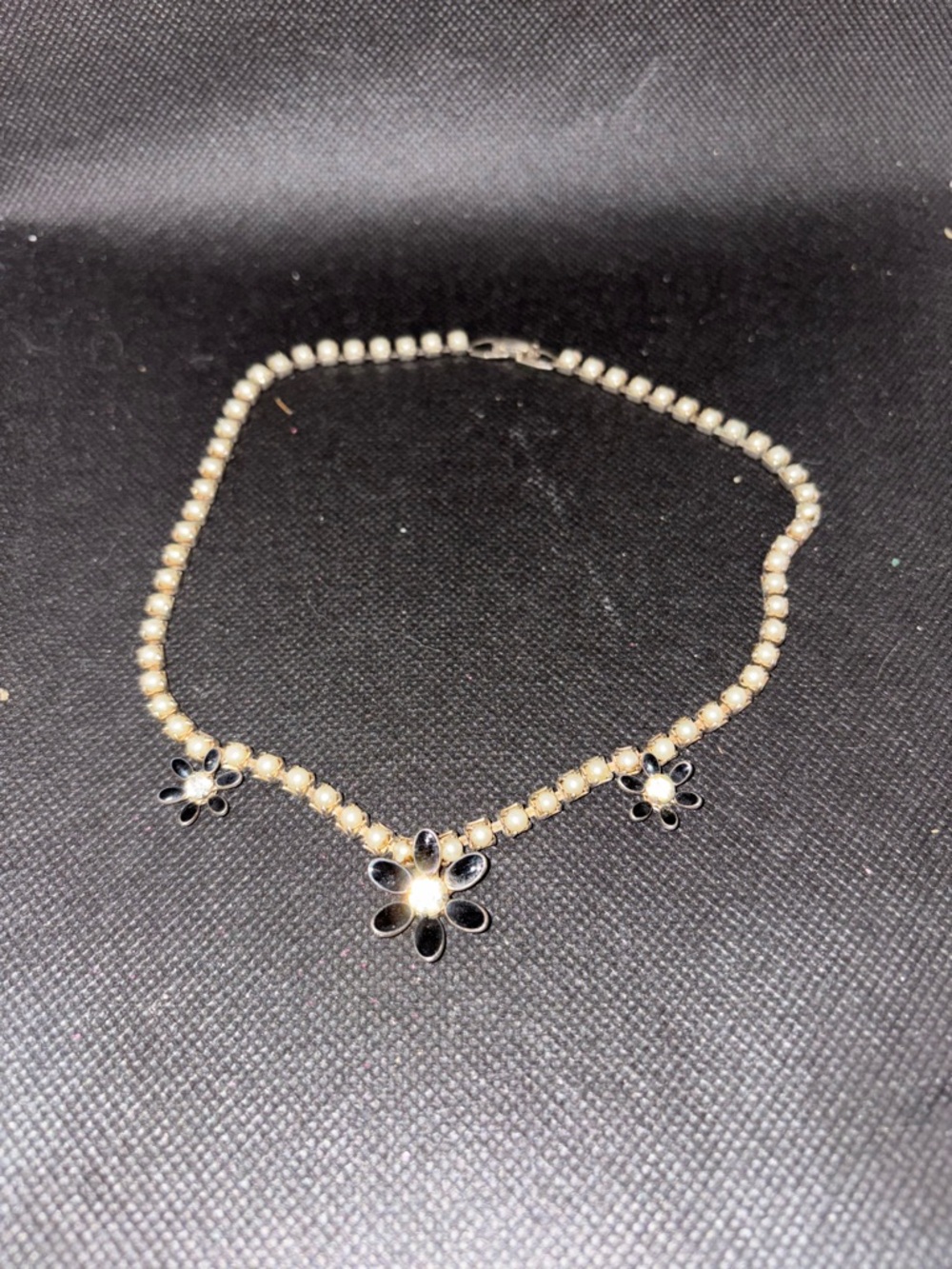 Pearl Beaded Necklace with Black Flower Accents
